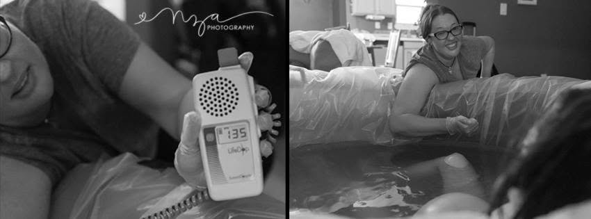 Two photographs: a handheld doppler showing a fetal heart rate of 135, and midwife Juliet Dietsch supporting a client during a water birth at home